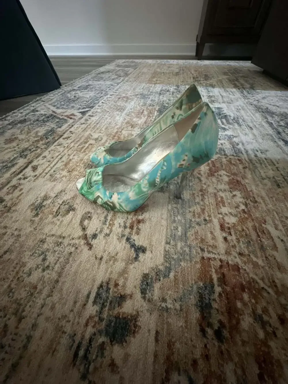 Aldo Blue and Green Patterned Peep Toe Stiletto Heels